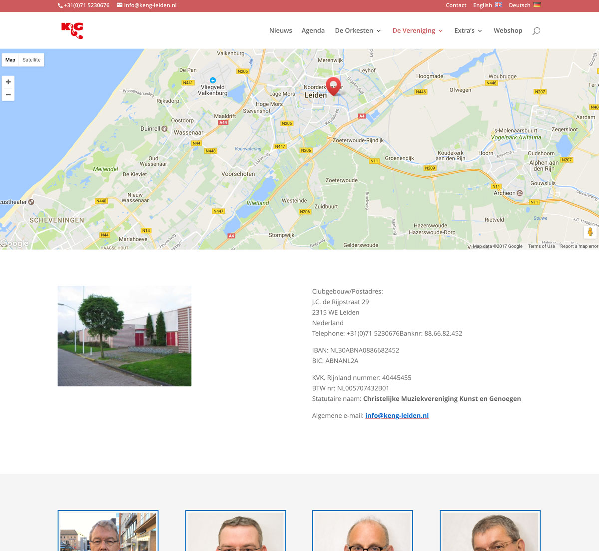 De grafische contactpagina bevat een Google Maps locatie en visuele contactgegevens van het bestuur