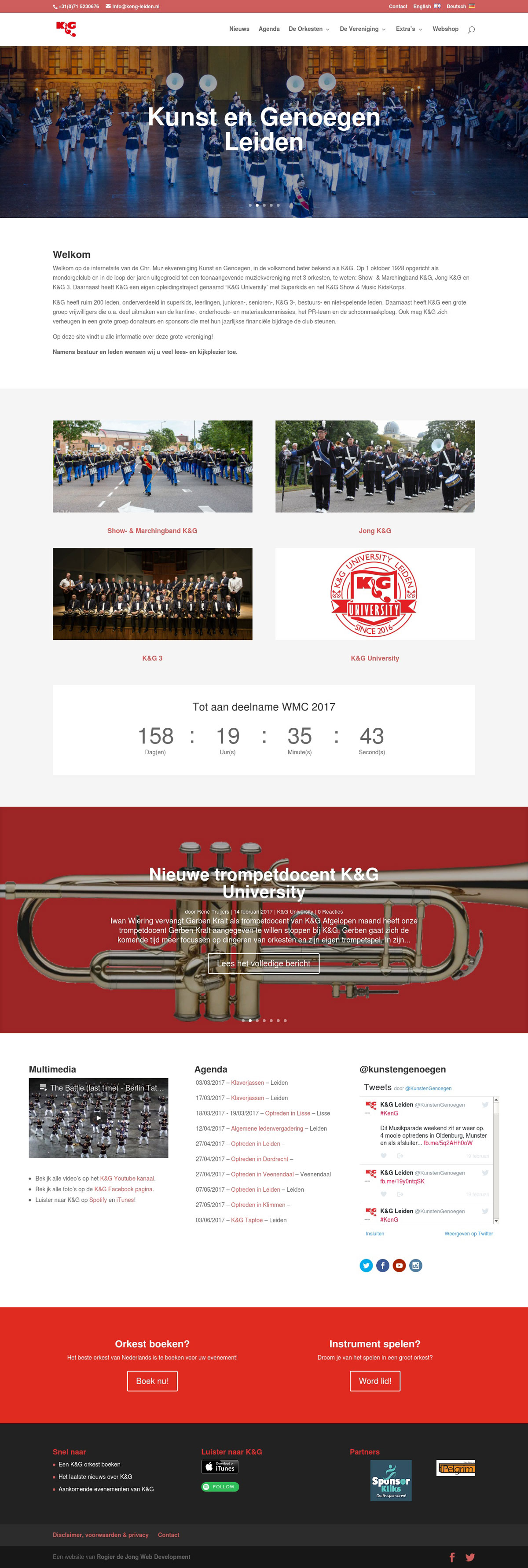 De homepage van K&G Leiden bevat vele dynamische elementen, zoals een video header, nieuws slider, agenda, social media streams en 'call-to-action' knoppen